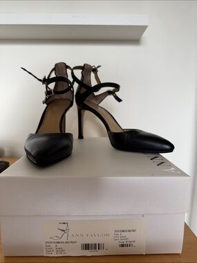 Ann Taylor Black Pointed-Toe Ankle-Strap Stilettos